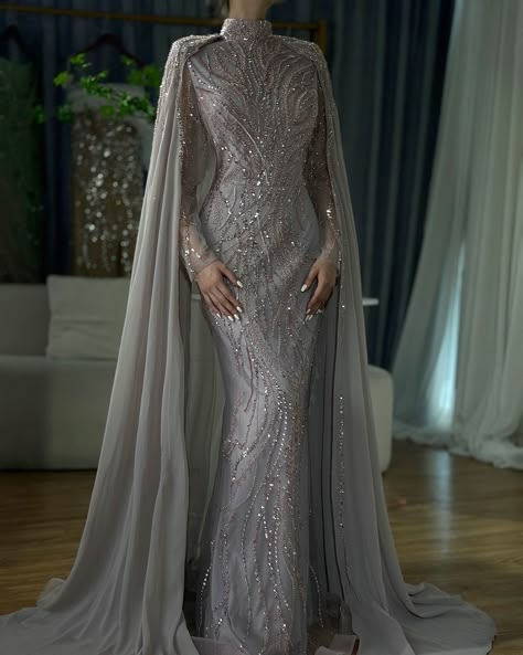 LA72413a Engagement Dresses Elegant, Gowns For Women Party, Arabic Gowns, Elegant Dresses Long Sleeve, Muslim Prom Dress, Classy Evening Gowns, Elegant Cape, Sparkly Fashion, Sparkly Gown