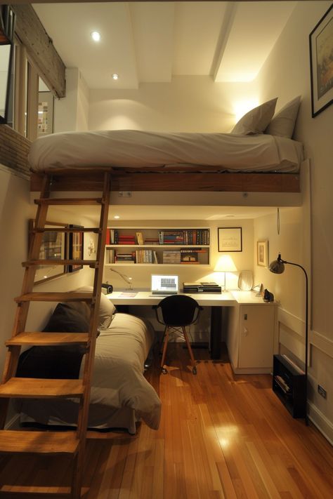 Loft Apartment Small Studio, Aesthetic Tiny Room Ideas, Mini Room Decor Small Spaces, Bedbunks Small Spaces, Loft Aesthetic Bedroom, 2 Person Bedroom Ideas, Tiny Loft Bedroom, Small Modern Bedroom Ideas, Tiny Dorm Room Ideas