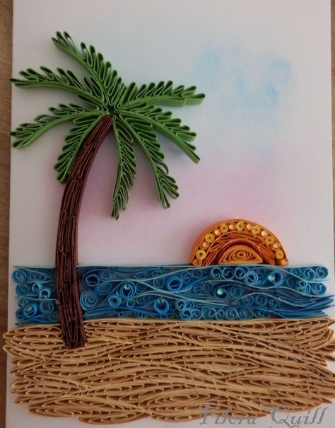 Quilled desert island birthday card, August 2021 Paper Coiling, Quilling Cake, Paper Quilling Projects, Quiling Paper Art, Island Birthday, 3 D Shapes, Christmas Quilling, Paper Quilling Cards, Cut Out Art