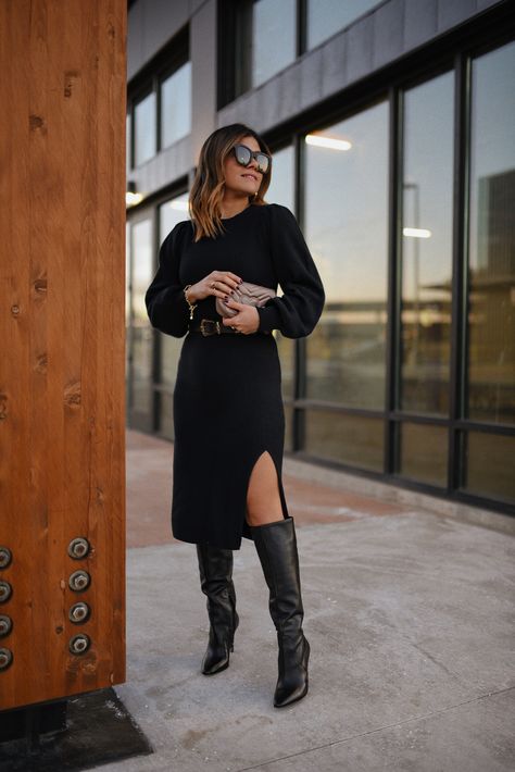 Style A Sweater Dress, Black Knee High Boots Outfit, Tall Black Boots Outfit, Boots Outfit Fall, Knitted Dress Outfit, Knee High Boots Dress, Winter Boots Outfits, Black Boots Outfit, Midi Dress Chic