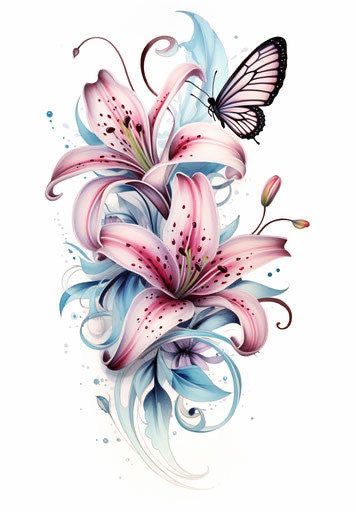 Stargazer Lily And Sunflower Tattoo, Butterfly With Flowers Tattoo Color, Tattoos Of Lilies, Daisy Tattoo Sleeve Shoulder, Butterfly With Lily Tattoo, Lily Forearm Tattoo Women, Star Lily Tattoo, Lily Arm Tattoo For Women, Day Lilly Tattoo