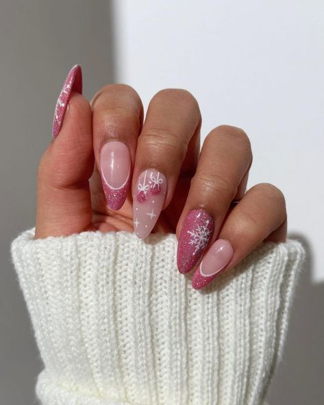 Pink Winter Nails 2024 – 2025: Trending Designs You’ll Love This Season 25 Ideas Christmas Gel X Nail Designs Almond, Cute Christmas Nails Acrylic Almond, Pink Almond Nails Christmas, Christmas Pink Nails Almond, Christmas Nail Ideas Acrylic Almond, Pink Holiday Nails Almond, Almond Nails Designs Winter Holidays, Almond Pink Christmas Nails, Almond Nails Designs Holiday