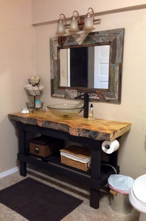 DIY 2x4 vanity with a live edge plank counter top. Most amazing rustic bathroom that I've seen. Diy Rustic Bathroom, Small Bathroom Furniture, Rustic Bathroom Vanities, Small Bathroom Organization, Rustic Bathroom Designs, Rustic Bathroom Decor, Rustic Bathrooms, Small Bathroom Storage, Trendy Bathroom