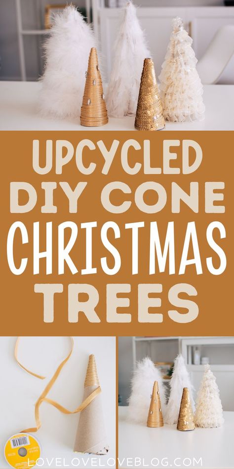 DIY cone Christmas trees decor. Diy Cone Trees Christmas, Diy Styrofoam Christmas Ornaments, Cardboard Christmas Tree Craft, Cardboard Cone Crafts, Foam Christmas Trees Diy, Yarn Christmas Trees Diy, Ribbon Christmas Tree Craft, Styrofoam Christmas Ornaments Diy, Polystyrene Craft Ideas