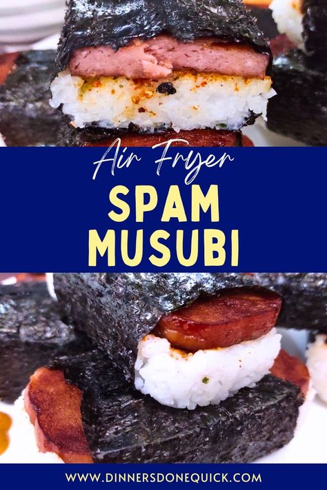 Turn your kitchen into a tropical paradise with my irresistible Air Fryer Spam Musubi recipe! Enjoy the crunch of Hawaii, no plane ticket required. 🍣✈️ #DinnersDoneQuick #SpamMusubi #SpamMusubiRecipe #HowtoMakeSpamMusubi #HawaiianSpamMusubi #HawaiianSpamMusubiRecipe #SpamMusubiRice #RiceforSpamMusubi #SpamMusubiIngredients #SpamMusubiTeriyakiSauce #TeriyakiSpamMusubi #Spam #SpamRecipes #AirFryerSpamMusubi #AirFryerSpam #WhattoServewithSpamMusubi Air Fryer Spam, Hawaiian Spam Musubi Recipe, Teriyaki Salmon Bites, Easy Meals For 2, Spam Musubi Recipe, Musubi Recipe, Fried Spam, Coconut Sticky Rice, Korean Short Ribs