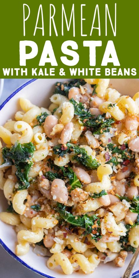 If you're looking for a cozy pasta recipe that's packed with veggies and protein, this Kale and White Bean Pasta with Parmesan is for you! This easy vegetarian dinner may look simple, but it's packed with flavor and great for a last minute weeknight dinner made with pantry staples. Enjoy with a side salad or garlic bread. #vegetarianpasta #easydinner #comfortfood #kalepasta Pasta And White Beans, Kale And Noodles Recipes, Kale With Pasta Recipes, White Bean Pasta Recipe, Kale Dinner Ideas, Pasta With Butter Beans, White Bean And Pasta Recipes, Kale Beans Recipes, Dinner Ideas With Kale