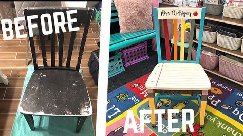 Watch how I transform an old chair into a personalized teacher chair. Go subscribe to my YouTube channel for more crafty videos! 😘 Painted Classroom Chair, Teacher Painted Chair, Teacher Rocking Chairs, Teacher Stools, Crafty Videos, Teacher Chair, Preschool Valentines Activities, Teacher Chairs, Classroom Wishlist