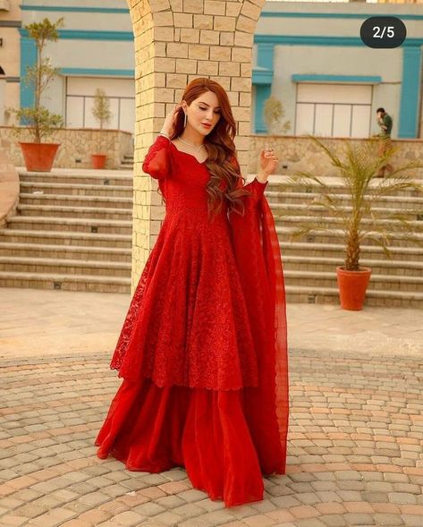 Red Colour Combination, Red Frock, Instagram Code, Georgette Kurta, Red Kurta, Dress Design Ideas, Dress Book, Dressing Ideas, Pakistani Fashion Party Wear