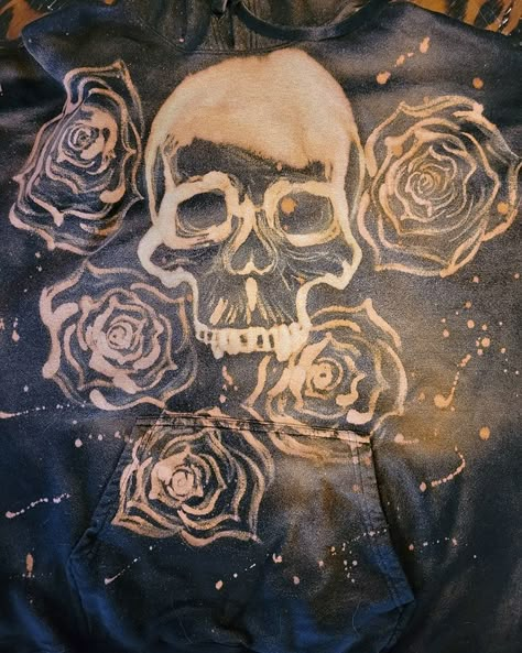 Played with bleach painting today for my bday! ;) Enjoy! Emo Bleach Shirt, Bleach Painting Sweatshirt, Bleach Art Designs, Bleach Jacket Design, Bleach Hoodie Ideas, Bleach Design Hoodie, Bleached Hoodie Designs, Bleach Flowers, Bleach Hoodie Designs