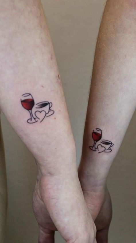 Matching tattoo with my friend who loves red wine and coffee as much as I do Coffee Tattoo Matching, Wine Tattoo Ideas Friends, Wine Glass Tattoo, Wine Tattoo, Best Friends Matching, Coffee Tattoo, Matching Best Friend Tattoos, Coffee Tattoos, Matching Tattoo