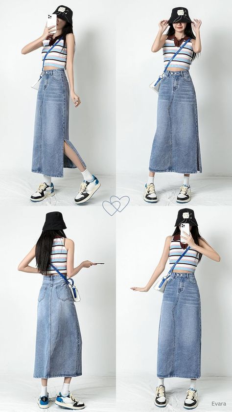 Midi Jean Skirt Outfits, Denim Skirts For Women, Midi Jean Skirt, Midi Denim Skirt, Jean Skirt Outfits, High Heels Sneakers, Long Jean Skirt, Vacation Shopping, Beach School