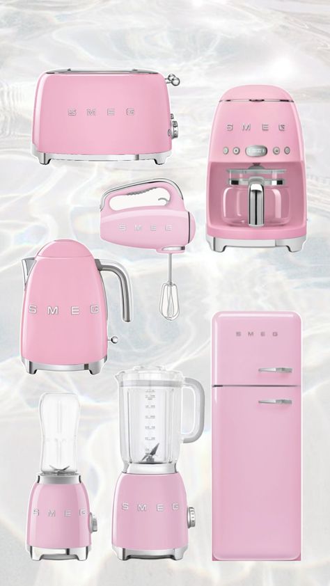 #smeg #pink #pinksmeg #girly #kitchen #coffee #morning #afternoon #pinksmeg #girlkitchen #pinkkitchen Cute Small Kitchen Ideas Pink, Kitchen Pink Decoration, Pink Smeg Appliances, Pink Apartment Inspiration, Pink Smeg Kitchen, Pink House Aesthetic Interior, Girly Apartment Decor Kitchen, Pink Home Ideas, Pink Aesthetic Kitchen