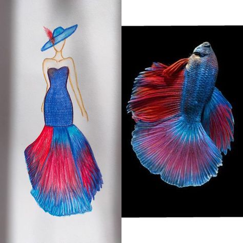 Fish Fashion Illustration, Fish Inspired Dress Illustration, Fish Fashion Design Inspiration, Fish Inspired Fashion Illustration, Theme Based Fashion Illustration, Nature Inspired Fashion Illustration, Fish Dress Drawing, Portfolio Themes Ideas, Fish Fashion Design