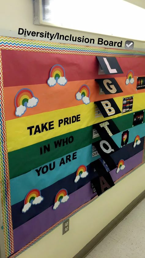 Pride Breakroom Ideas, Lgbtq Board Ideas, Lgbtq Ra Bulletin Board, Social Justice Bulletin Board Ideas, Pride Boards For Work, Pride Month Office Decor, Pride Board Ideas, Pride Month Activities For Work, School Pride Bulletin Board