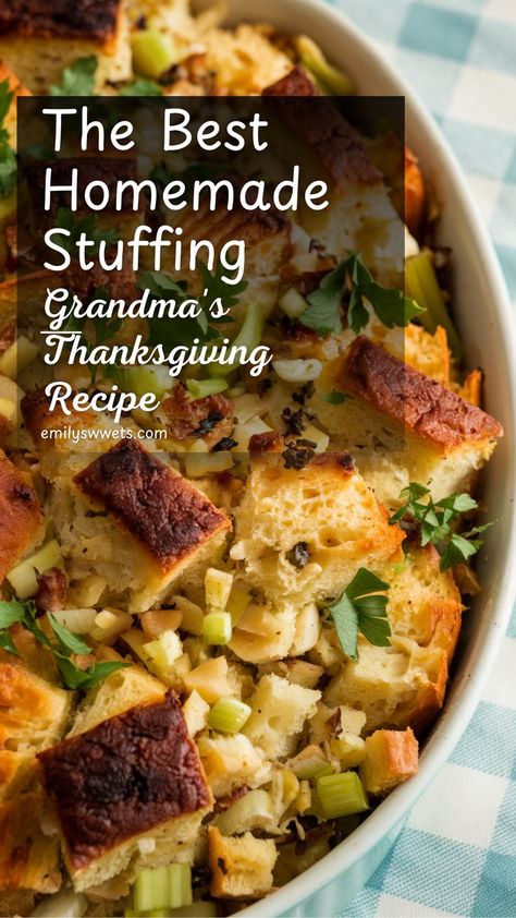 The Best Homemade Stuffing: Grandma's Thanksgiving Recipe Fresh Bread Stuffing Recipe, Stuffing Recipes Small Batch, Best Bread Stuffing Recipe, Stuffing With Fresh Bread, Classic Bread Stuffing, Best Oven Baked Stuffing Recipe, Classic Thanksgiving Stuffing, Homemade Bread Stuffing, The Best Stuffing For Thanksgiving