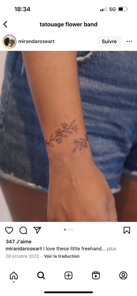 Tiny Flower Wrist Tattoo, Ditsy Tattoo Ideas, Half Wrist Tattoo, Wrist Flower Tattoo Bracelet, Flower Wrap Around Tattoo Stencil, Flower Tattoo Around Wrist, Dainty Flower Wrist Tattoos, Wrapping Wildflower Vine Tattoo, Dainty Flower Bracelet Tattoo