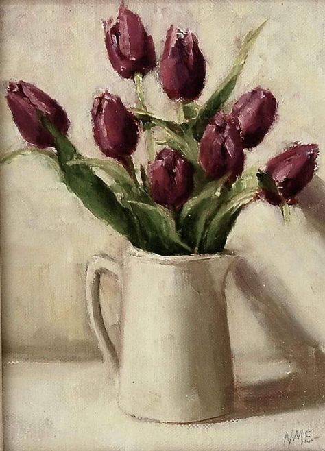 Pink Tulips Painting Acrylic, Oil Painting Canvas Aesthetic, Tulips Painting Acrylic, Oil Pastel Flowers, Tulip Paintings, Tulips Oil Painting, Flower Vase Painting, Tulip Drawing, Burgundy Roses