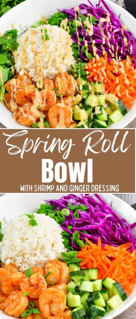 This easy rice bowl is fresh, vibrant, and oh so delicious! Packed with ingredients like Thai style shrimp, purple cabbage, carrots, cucumbers, herbs, and the best peanut dressing, you'll love all the flavors of the fresh spring roll. It's all served with coconut rice for the best complimentary flavor. Spring Roll Rice Bowl, Spring Roll Cucumber Salad, Spring Roll Bowl Recipe, Spring Roll Bowl, Zucchini Latkes, Teriyaki Bowls, Will Cook For Smiles, Spring Roll Bowls, The Best Rice