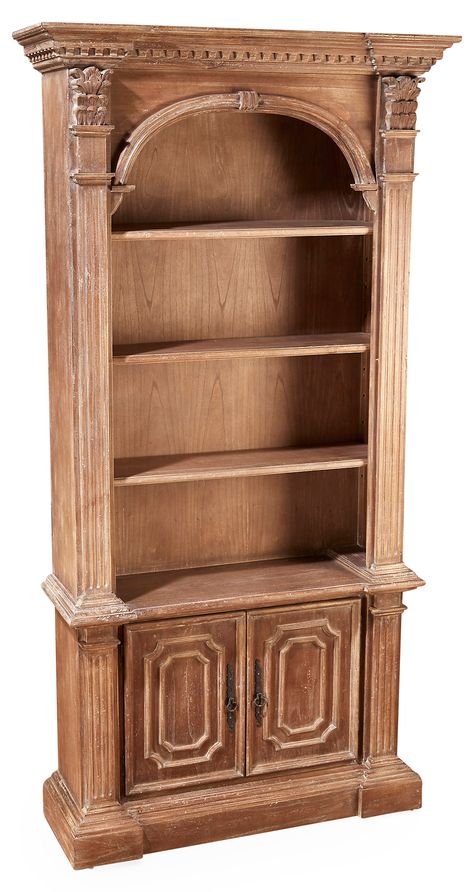 A natural stain and weathered finish lends this masterfully carved mindi wood bookcase the look of a prized estate-sale find. Outfitted with cabinet space and three adjustable shelves for ample... Corner Built In Shelves, Victorian Bookshelf, Victorian Bookcases, Bookcase Ideas, Built In Hutch, Wicker Armchair, Antique Bookcase, Vintage Bookshelf, Tall Bookcases