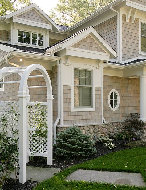 Porch With French Doors, House Exterior Stone, House Exterior White, Pvc Garden, Cedar Shake Siding, Relaxed Home, Cedar Shingle, Martin Brothers, Shingle House