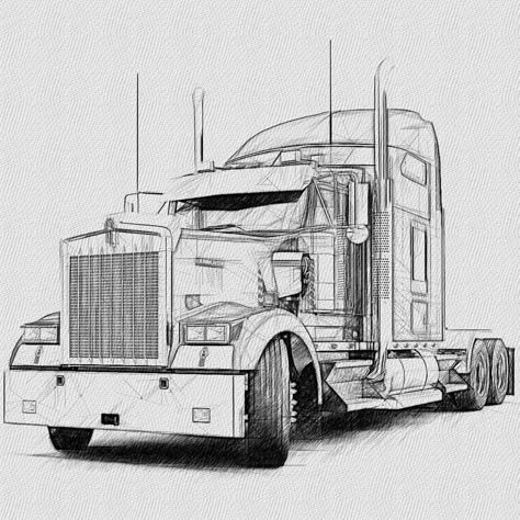 Tractor Trailer Drawing, Trailer Tattoo, Tractor Drawing, Truck Tattoo, Kenworth W900, Ancient Tattoo, Bike Illustration, Cool Car Drawings, Truck Coloring Pages