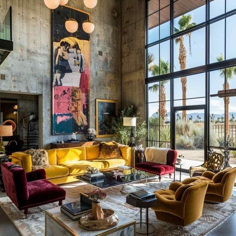 68 Living Spaces Infused with Industrial-Glam Boldness Industrial With Color, Funky Industrial Interior Design, Maximalist Industrial Decor, Neo Industrial Interior, Colorful Industrial Interior, Industrial Glam Living Room, Exposed Brick Walls Living Room, Urban Eclectic Decor, Industrial Glam Decor