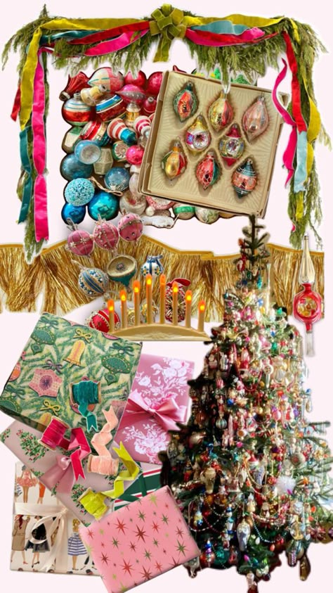 Retro vintage inspired Christmas 2025 ; 50s 60s nostalgia holiday decor ; blue pink and lime green vibrant Christmas decor ; maximalist anthropology Christmas decor inspo ; tinsel glass ornaments aesthetic 2024 Christmas Maximalist Decor, 1960s Christmas Aesthetic, Anthropology Christmas Aesthetic, Kitsch Christmas Decorations, Kitch Christmas Aesthetic, 90s Christmas Aesthetic Decorating Ideas, Kitsch Christmas Diy, Kitchy Christmas Decor, Vintage Christmas Party Ideas