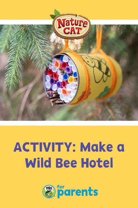 A wild bee hotel made of a tin can and rolled paper hanging outside in a tree Bee Hotel Diy Kids, Bee Projects For Kids, Preschool Bees, Bees Activities, Wildlife Projects, Nature Ideas, Scout Crafts, Bee Activities, Activity Day Girls