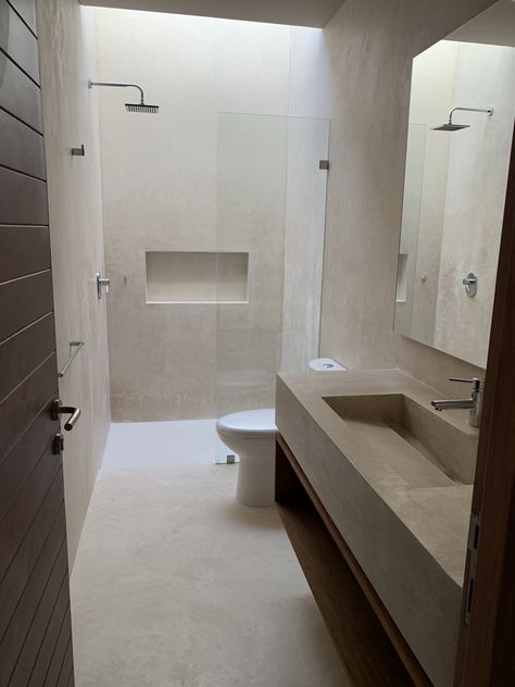 Cement Bathroom Ideas Showers, All Cement Bathroom, White Concrete Tiles Bathroom, Beige Cement Bathroom, Bathroom Cement Wall, Polished Cement Bathroom, Polished Concrete Bathroom Floor, Cement Look Bathroom, Cement Bathrooms