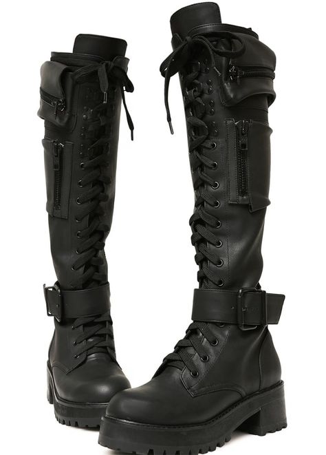 Current Mood Obsidian Pocket Knee High Combat Boots | Attitude Clothing Womens Thigh High Boots, Boots Goth, Converse Outfits, Style Converse, Dr Shoes, Black Punks, Black Shoe, High Heel Wedges, Favorite Boots