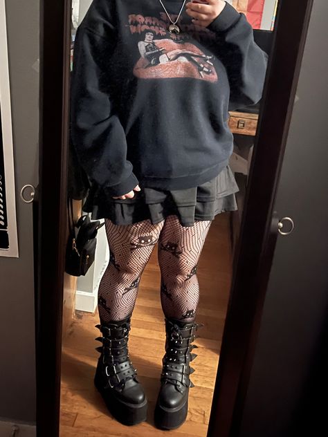 #demonia #boots #skirt #tights #alt #altfashion Styling Demonia Boots, Alt Tights Outfit, How To Style Demonia Boots, How To Style Thigh High Socks, Outfits With Demonia Boots, Knee High Combat Boots Outfit, High Combat Boots Outfit, Outfits With Platform Boots, Demonia Shoes Outfit