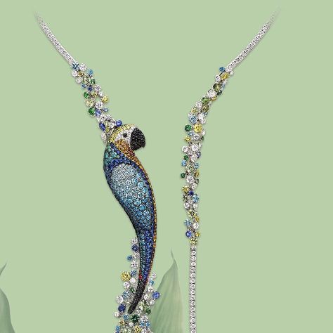 The Curious Parrot comes from the idea of exalting love for nature. Created to be worn as a brooch or hooked to a precious necklace,… Parrot Jewelry, Perls Jewellery, Macaw Parrot, Diamonds Rings, Jewelry Nature, Colour Stone, Nature Necklace, Love For Nature, High Jewellery