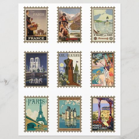 French Stamps Vintage, Vintage Postage Stamp Art, Trip Collage, Vintage Junk Journal Ideas, Vintage Travel Stickers, Paris Stamp, Stamp Poster, Faux Postage Stamps, France Scrapbooking