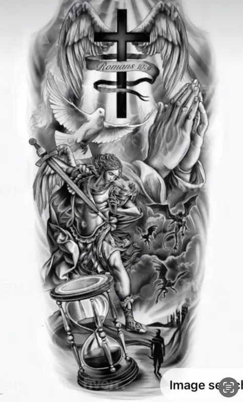 Sleeve Tattoo Concepts, Og Tattoos Ideas Men, Good Half Sleeve Tattoos For Men, Half Sleeve Bicep Tattoo For Men, Cross Bicep Tattoo Men, Catholic Sleeve Tattoo Men, Christian Leg Sleeve Tattoos, Mens Sleeve Tattoo Ideas For Guys, Fallen Angel Tattoo Sleeve