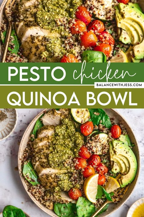 Looking for high protein meals that are also dairy free and gluten free? Try this pesto chicken quinoa bowl! Top your quinoa with baked chicken breast seasoned with pesto and roasted veggies, and enjoy for lunch or dinner. Pesto Chicken Quinoa Bowl, Healthy Pesto Chicken, Quinoa Bowls Healthy, Chicken Quinoa Bowl, Healthy Pesto, Power Bowl, Chicken Quinoa, Chicken Breast Seasoning, Quinoa Bowl