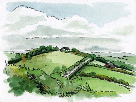 County Meath, Ireland, Ireland & Europe -  artwork by Emily Miller Ireland Watercolor Painting, Ireland Doodles, London Art Drawing, Ireland Drawing, Meath Ireland, Emily Miller, Ireland Art, Plein Air Watercolor, Adventure Journal