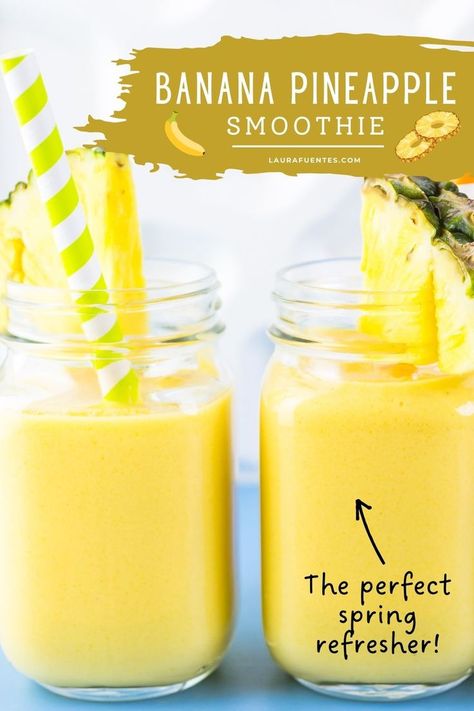 A glass jar filled with pineapple banana smoothie with a pineapple slice and stripped straws Banana Pineapple Smoothie, Pineapple Banana Smoothie, Pineapple Smoothie Recipes, Pineapple Benefits, Banana Drinks, Banana Smoothie Recipe, Drinks Ideas, Balanced Breakfast, Smoothies For Kids