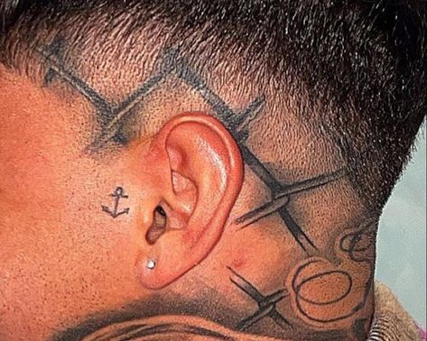 Back Head Tattoo Men, Face Tattoo Placement, Crown Face Tattoo, Mens Neck Tattoos Ideas, Name Face Tattoo, Men Face Tattoo, Above Eyebrow Tattoo, Small Face Tattoo Men, Face Tattoo Ideas For Men