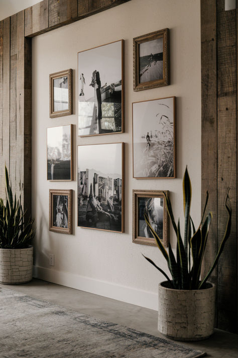 Photo Wall Collage Gallery Wall On Accent Wall, Photo And Shelf Wall, Photo Collage Living Room Wall, 7 Piece Gallery Wall Layout, Family Portrait Collage Wall, Ancestors Photos Wall, Living Room Photo Collage Ideas, Small Wood Photo Wall, Wall Shelves With Pictures