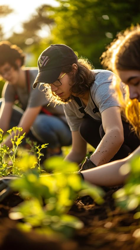 Community Garden Planting: Volunteers work together in a community garden, planting seedlings on a bright sunny day. #gardening #community #volunteers #planting #seedlings #nature #outdoors #agriculture #aiart #aiphoto #stockcake https://ayr.app/l/TmBD People Gardening, Conscious Community, Agriculture Pictures, Community Photography, Website Poster, Agriculture Photography, Farm Photoshoot, Green Community, Serving People