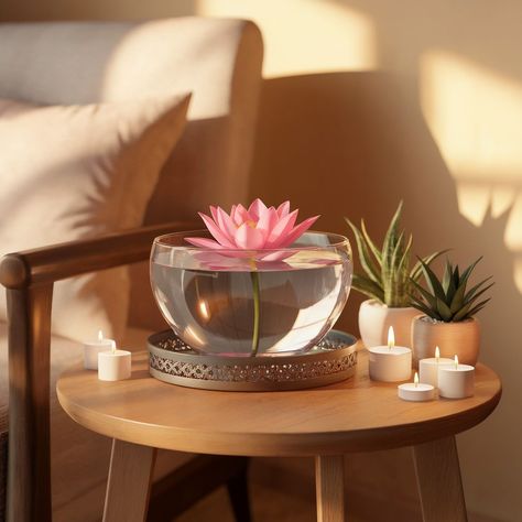 A floating lotus flower creates a peaceful ambiance in this cozy nook . . . . #lotus #pinklotus #plants #indoorplants #flowers #autumn #autumnvibes🍁 #river #bowl Lotus Indoor, Lotus Flower Arrangement, Flowers Autumn, Flower Bowl, Pink Lotus, Cozy Nook, Lotus Flower, Fall Vibes, Nook