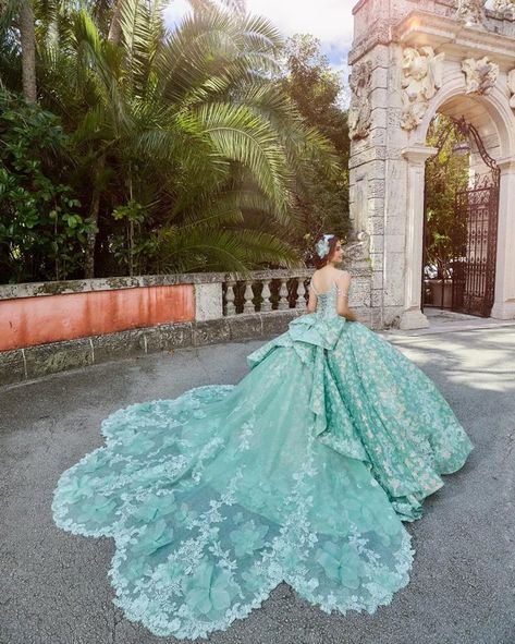 Green Quinceanera Dresses | Princesa by Ariana Vara Teal Quinceanera Dresses, Modesty Panel, Detachable Train, Organza Flowers, Quinceanera Dress, Quinceanera Dresses, Quinceanera, Ball Gown, Glitter