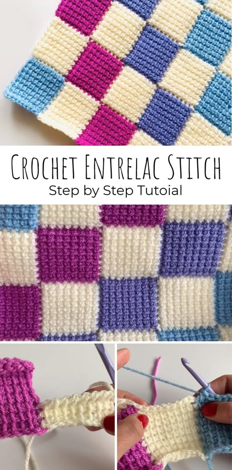 Crochet Entrelac Stitch Entrelac Crochet In The Round, Enterlac Crochet Pattern Free, Enterlac Crochet, Crochet Entrelac, Entrelac Crochet, Tunisian Crochet Blanket, Crochet Quilts, Stripe Crochet, Tunisian Crochet Pattern