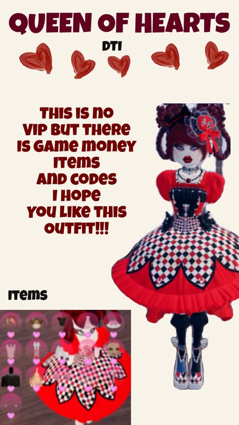 Outfit for queen of hearts Queen Of Hearts Dress To Impress, Queen Of Hearts Dress, Hearts Dress, Queen Of Hearts Costume, Heart Costume, Heart Dress, Queen Of Hearts, Dress To Impress, Queen