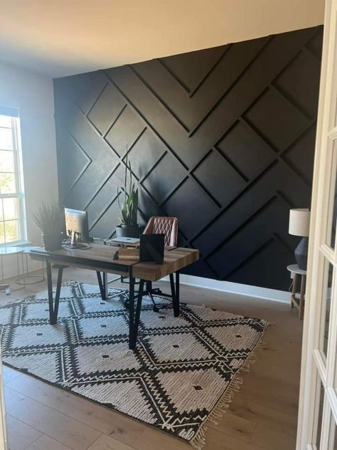 Office With Black Walls, Black Ceiling Office, Black Accent Wall Office, Black Home Office Ideas, Office Black Wall, Black Wall Design, Black Accent Wall, Bank Office, Wooden Accent Wall