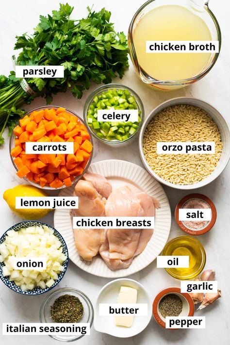 Lemon Garlic Orzo Soup, Lemony Orzo Soup, Easy Lemon Orzo Soup, Easy Orzo Soup Recipes, Orzo Chicken Soup Recipes, Chicken Soup With Orzo Pasta, Chicken Orzo Lemon Soup, Easy Lemon Chicken Orzo Soup, Crockpot Chicken Orzo Soup