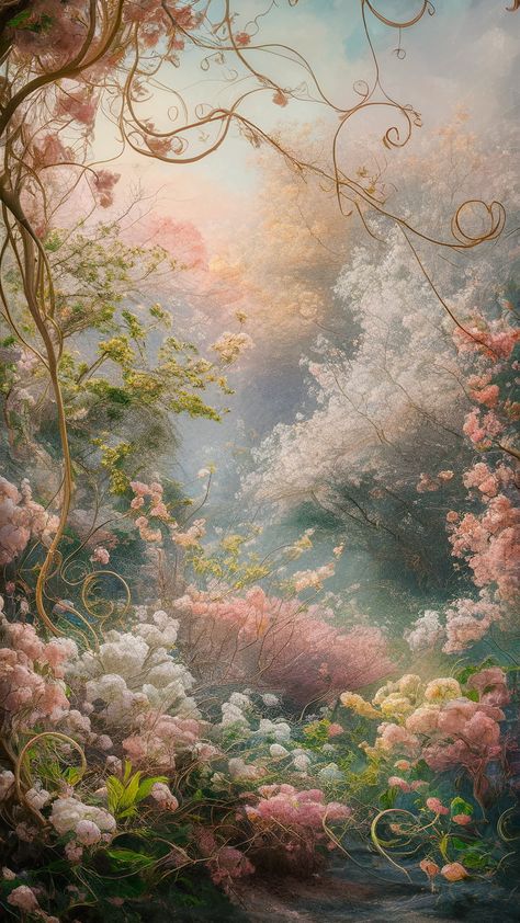 Immerse yourself in a breathtaking spring landscape, inspired by Monet's gardens. This impressionistic artwork showcases vibrant blooms and graceful Art Nouveau elements intertwined with a modern twist. Experience nature's renewal through soft pastels and joyful colors, celebrating the poetic beauty of spring. Perfect for art lovers and nature enthusiasts alike! #Impressionism #SpringArt #MonetInspired #ArtNouveau #NatureBeauty Vintage Tulips Wallpaper, Pretty Art Backgrounds, Spring Floral Aesthetic, Pastel Garden Aesthetic, Pink Art Nouveau, Art Nouveau Artwork, Spring Backgrounds For Iphone, Soft Colors Aesthetic, Art Nouveau Landscape