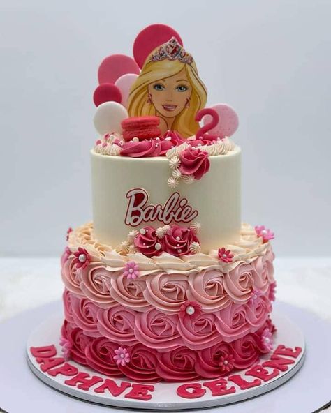 2 Tier Floral Cake, Barbie Cake Designs, Barbie Cupcakes, Barbie Doll Birthday Cake, Doll Birthday Cake, 7th Birthday Cakes, Barbie Birthday Cake, Barbie Doll Cakes, Birthday Cake Decorating Ideas