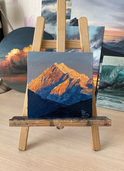 Easy Oil Paintings On Canvas For Beginners, Mini Canvas Mountain Paintings, Oil Painting On Small Canvas, Mountains Oil Painting, Oil Paintings Easy, Mountains Painting Simple, Easy Oil Painting Ideas For Beginners, Small Oil Paintings, Painting Ideas Mountains