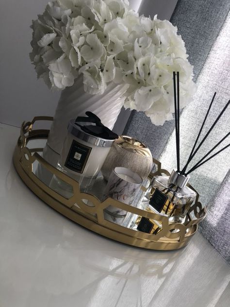 My Vanity Tray Decor Mirror Tray Bathroom, Gold Table Decorations Home, Mirror Tray On Coffee Table, Gold Decorative Tray, Decor Tray Ideas Living Room, Bathroom Vanity Tray Styling, Gold Mirror Tray Decor Ideas, Mirror Tray Decor Ideas Living Room, Gold Restroom Decor Ideas